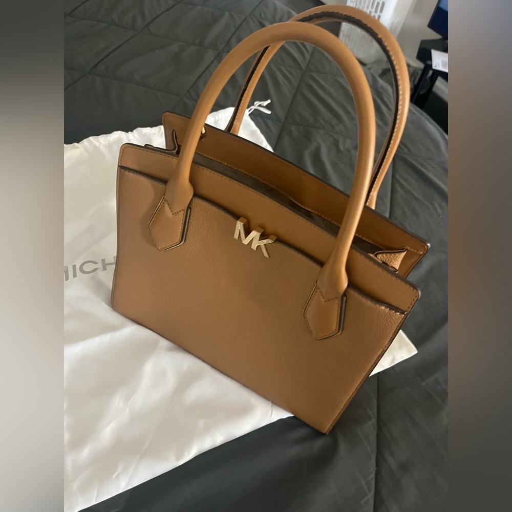 Michael Kors Tan Satchel with Structured Design and Metal Accents